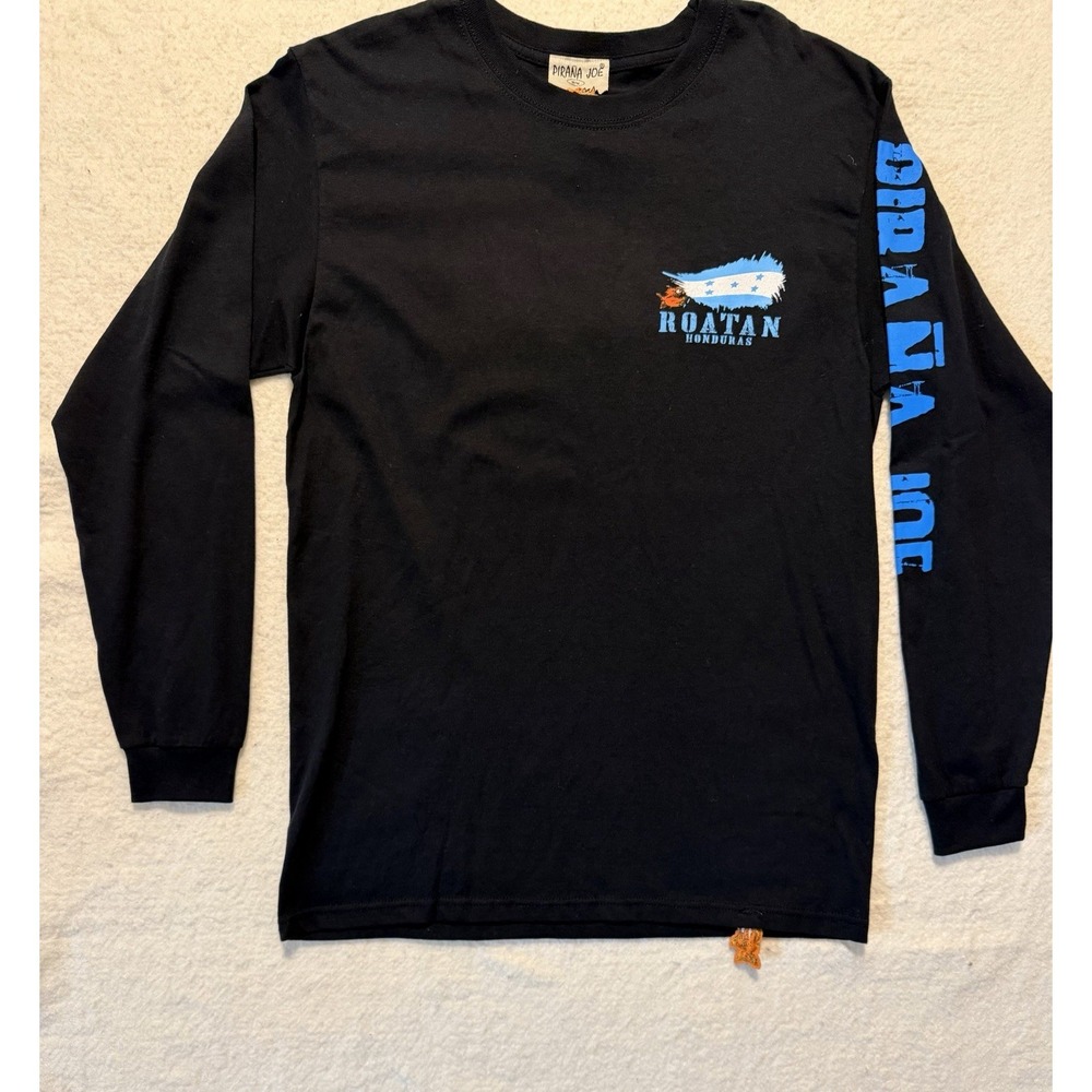 Y2K Piranha Joe Roatan Honduras Black Long Sleeve T Shirt Surf Style Sz Med NWT